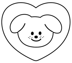 Cute outline of puppy and heart for dog cartoon, character, comic, mascot, pet shop, vet, adopt pet, rescue animals, foster home, shelter, sticker, kid colouring book, art, painting, Valentine card