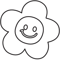 Happy flower outline for kid colouring book, art, painting, nature, garden, floral print, colouring page, tattoo, plants, tree, cute patch, brooch, blossom, spring and summer, cartoon character, comic