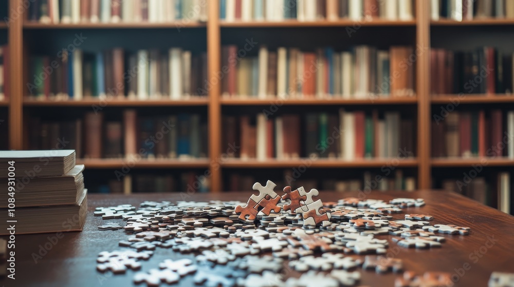 Poster A comprehensive puzzle-solving setup in a quiet library, Puzzle pieces and a partially completed puzzle neatly arranged on a table, Minimalist intellectual style