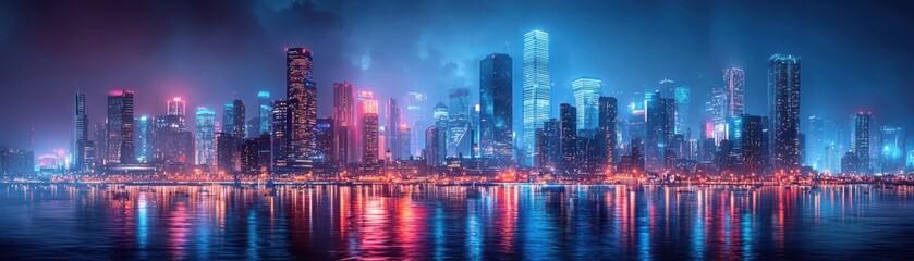 Fototapeta premium Futuristic neon cityscape urban environment digital artwork twilight atmosphere aerial perspective vibrant city life