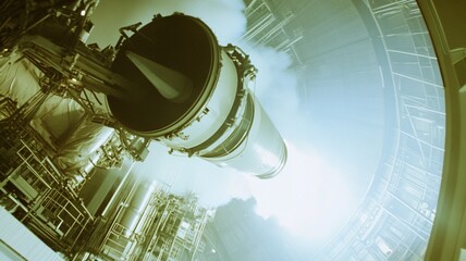 Rocket engine test facility with engineers monitoring the powerful thrust and performance of a cutting-edge propulsion system, showcasing advanced aerospace technology and innovation.