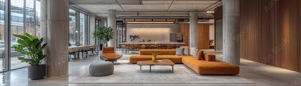 Poster Transforming workspaces innovative open concept design with ceiling track lighting modern office environment urban setting collaborative concept for enhanced productivity