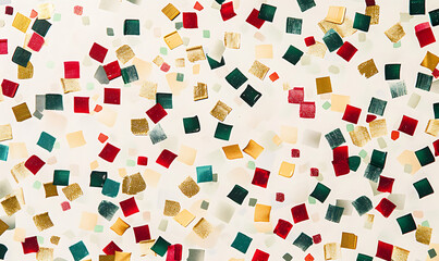 A festive holiday design with red, green, and gold squares scattered across a clean white canvas