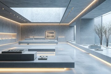 Obraz premium Showcasing a minimalist drawer gray gallery interior modern art space sleek environment contemporary viewpoint design concept for inspiration