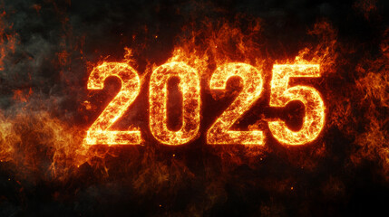 Large numbers centered on black background 2025 engulfed in raging flames of hellfire burning fire destruction evil inferno new year New Years Eve party invitation