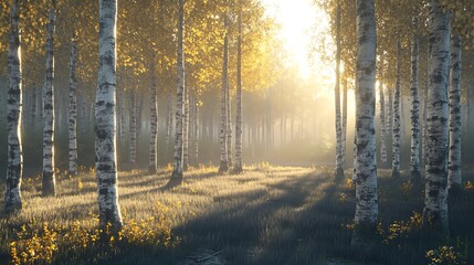 Morning in the birch grove with sun rays and fog