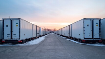 Obraz premium Rows of Parked Trailers at a Logistics Hub with Transportation and Supply Chain Concept