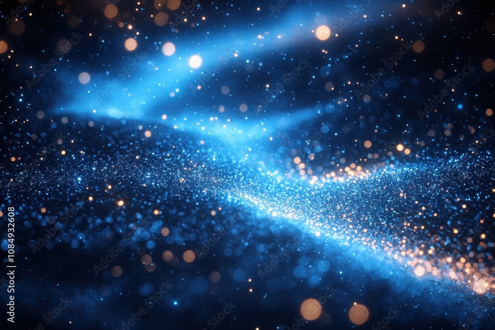 Poster fluid responsive particle display digital space abstract visuals serene blue backdrop immersive expe