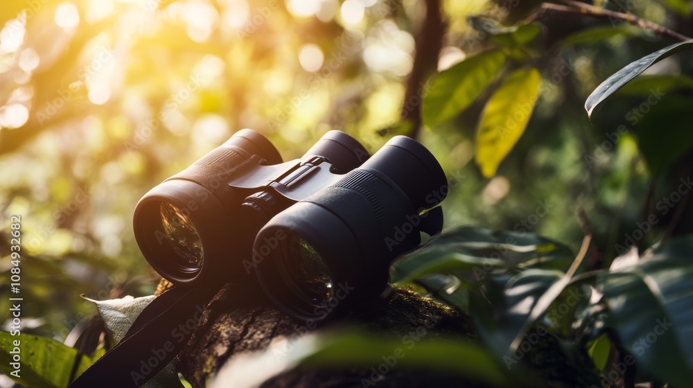 Poster a cozy birdwatching session in a secluded forest hideout, binoculars and field guides set for bird o