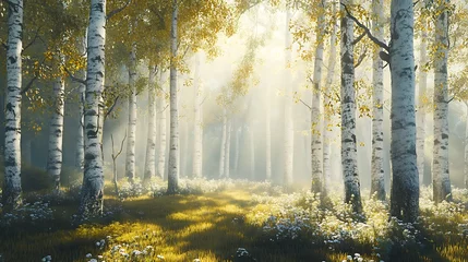 Fotobehang Morning in the birch grove with sun rays and fog © ceoJAHID