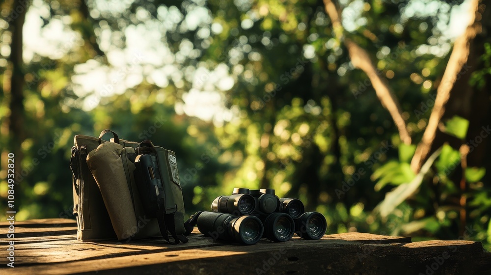 Poster a cozy birdwatching session in a secluded forest hideout, binoculars and field guides set for bird o