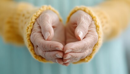 Elderly hands cupped together showing care indoors in soft light during winter