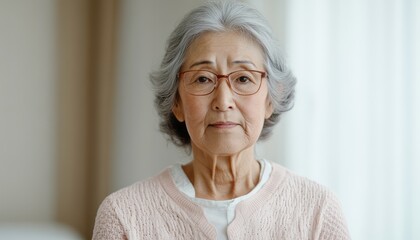 Elderly woman with gray hair and glasses posing thoughtfully at home during daylight hours