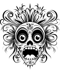 Fototapeta premium A black and white drawing of a skull with a mouth open and eyes wide open. The skull is surrounded by flowers and has a creepy, scary appearance
