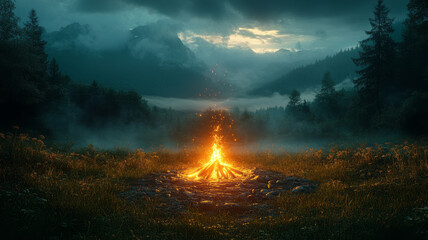 A small campfire blazes brightly in the center of a clearing, providing warmth and light for the campers.