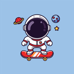 Cute Astronaut Playing Skateboard Science Sport Icon Isolated Flat  Cartoon Vector Icon Illustration