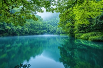 Quiet forest lake at dawn, light mist above the water, capturing a peaceful and calming morning view with lush trees all around