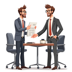 Two business professionals engaging in a collaborative discussion with documents at a modern office table, digital illustration of business interaction concept.