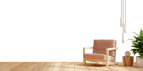 Pink chair and a potted plant. The chair is placed in front of a wooden table on transparent background- 3D rendering
