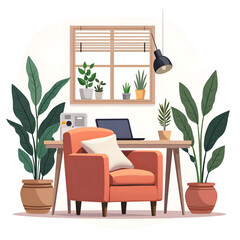 Inviting home office with cozy armchair and lush indoor plants for a productive atmosphere, digital art of interior design concept.