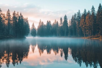 Obraz premium Quiet lake in a dense forest at dawn, cool morning mist over water, serene reflections of trees in calm waters, capturing the beauty of nature