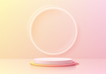 Realistic 3D pink and yellow cylindrical podium background with neon ring wall scene. Minimalist mockup pedestal abstract cosmetic product display presentation, Stage showcase. Platforms vector design