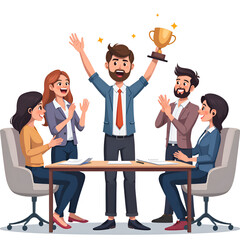 Obraz premium Team celebrating success after achieving their goals with a trophy and smiles, digital illustration of celebration concept.