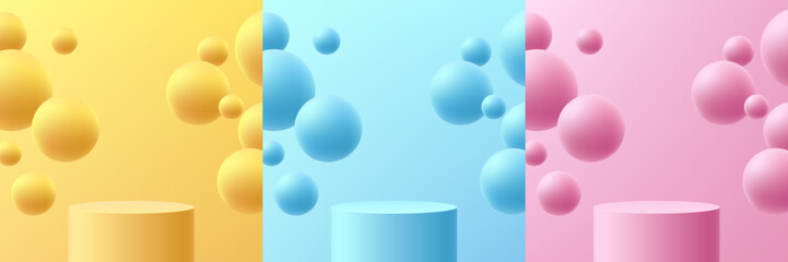 Set of 3D pink, yellow, blue cylindrical product podium background with floating bubble or bounce ball. Abstract minimal mockup, Product display presentation, Stage showcase. Platforms vector design.