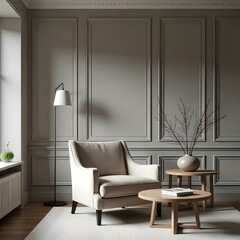 A modern living room with gray paneled walls, a beige armchair, a round wooden coffee table, and a vase with flowers on a side table