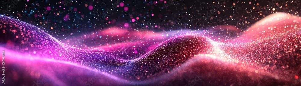 Poster dynamic artistry of vibrant flowing shapes with glowing particle accents digital landscape abstract 