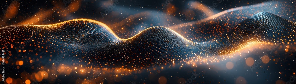 Poster dynamic flowing shapes with illuminating particles abstract digital space visual art futuristic envi