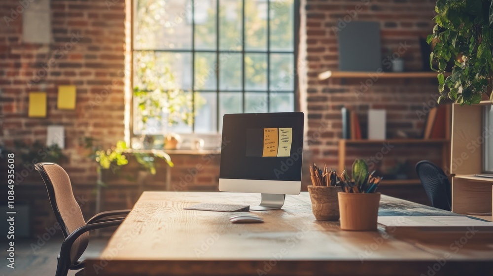 Poster modern workspace with computer and wooden desk in a brick room