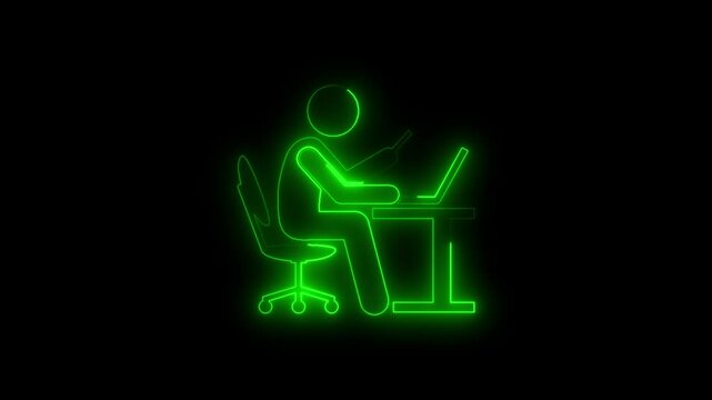 Glowing neon line working on computer icon.Businessman working in the computer icon.Office worker sitting at desk and working on computer icon