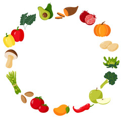 Circle vector Frame with Vegetables. Fresh and Healthy Food Illustration for Culinary Designs