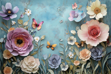 Whimsical garden arts and crafts scene with oversized flowers, pastel colors, and playful butterflies, dreamy and soft ethereal magical landscape storybook fairyland trippy atmosphere