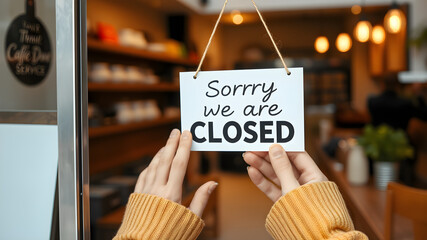 Hands hang a "Sorry, We're Closed" sign on a shop door