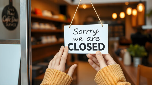 Hands hang a "Sorry, We're Closed" sign on a shop door