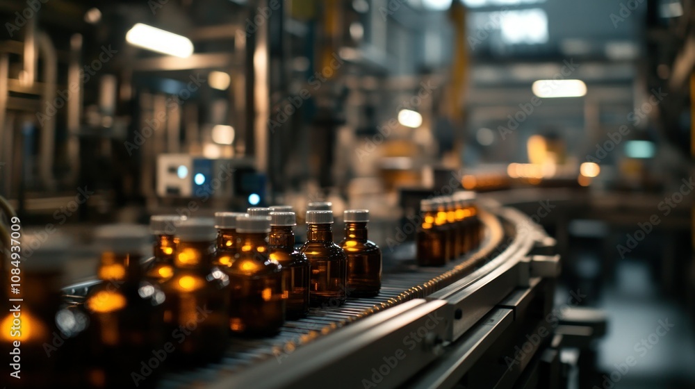 Poster close-up of amber glass bottles moving on a conveyor belt in a factory setting.