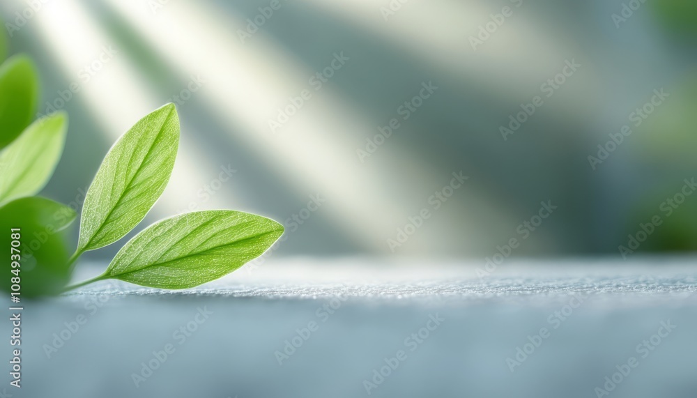Aufkleber fresh green leaves with soft light shining on a textured surface in a tranquil setting
