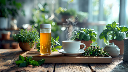 Herbal Tea and Inhaler on Wooden Table with Plants