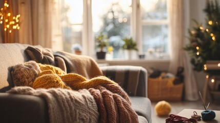 A cozy knitting session in a warmly decorated living room, Yarn and knitting needles arranged for crafting, Handcrafting style