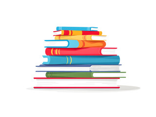 A modern, abstract representation of a pile of books, where the books are reduced to rectangular shapes in bold, flat colors.