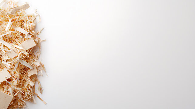 Wood shavings scattered on light background, showcasing natural texture and color. Ideal for woodworking projects or crafts