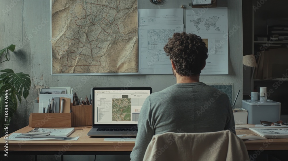 Poster a person working on a laptop in an organized workspace with maps and documents.
