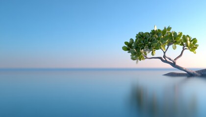 A tranquil mangrove tree stands alone by the calm ocean under a clear blue sky