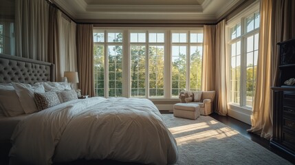 A Luxurious Bedroom with Large Windows and Sunbeams Streaming through