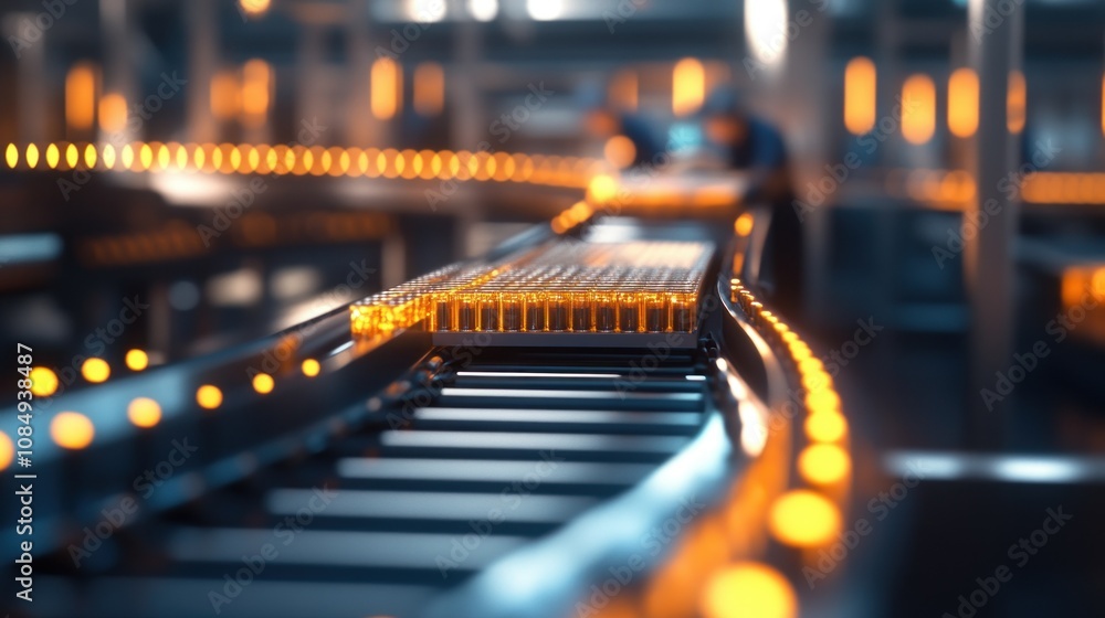 Poster Conveyor Belt with Rows of Small Glass Bottles in a Factory Setting