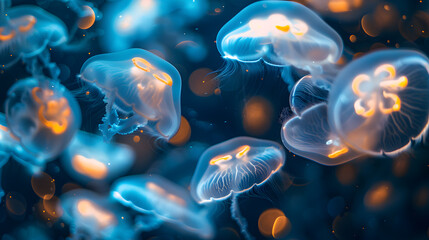 A group of jellyfish are floating in the water. 