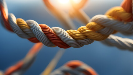 A rope with three different colored strands is twisted together