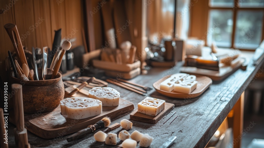 Poster a cozy room with a detailed setup for soap carving, including various carving tools and bars of soap